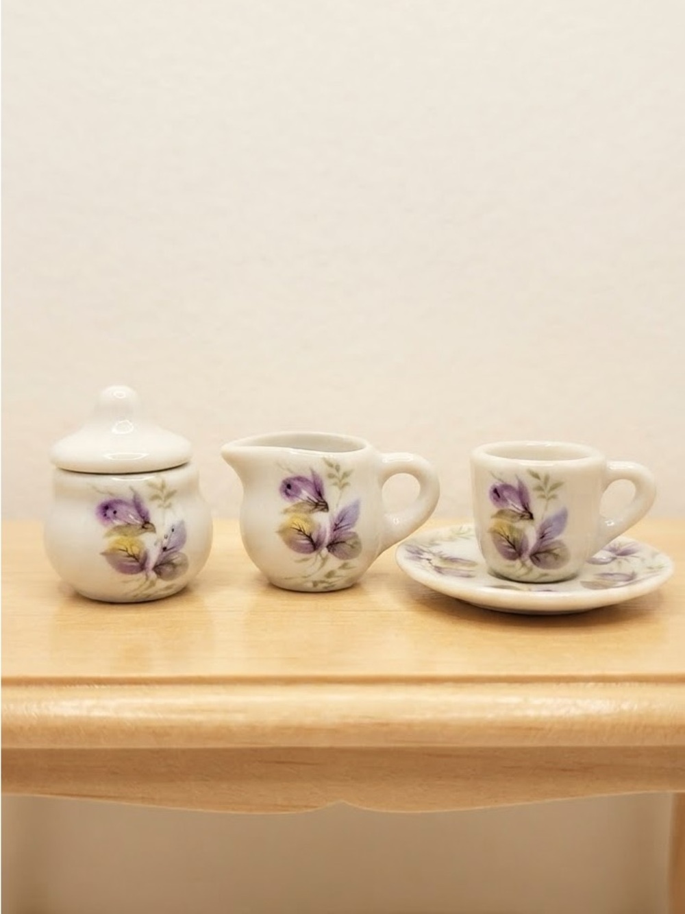 Porcelain Mini Creamer, Sugar and Cup Set in White with Purple Floral Design